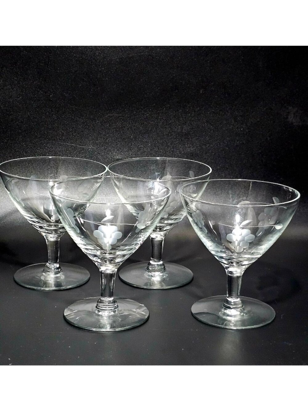 4 Vintage Etched Champagne Coupe Glasses 4.5" Mid Century Grape Vine Pattern